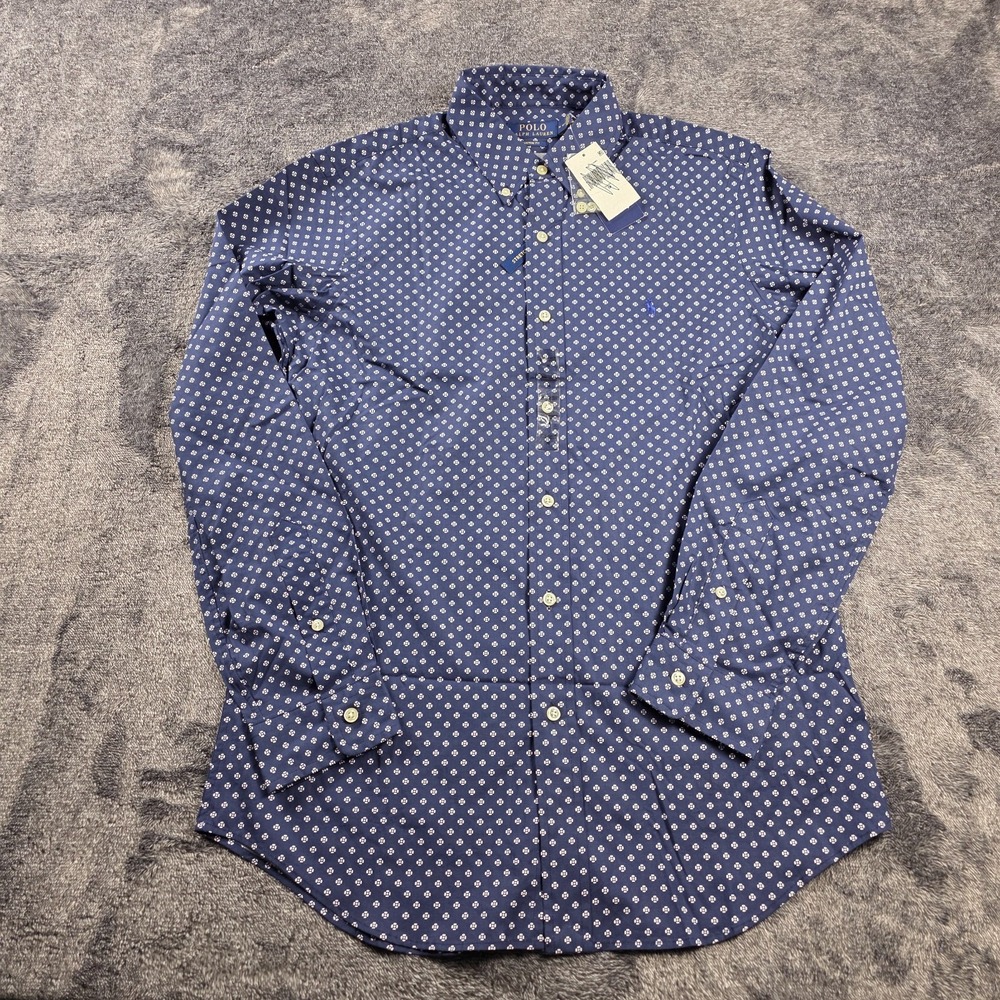 Polo Ralph Lauren Custom Fit Dot Print Stretch Poplin Shirt Mens M 15.5 Blue